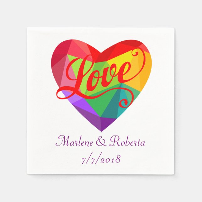 Gay Lesbian Rainbow Heart Wedding Personalized Nap Paper Napkins (Front)