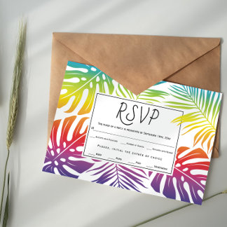 Gay, lesbian rainbow leaves confetti wedding RSVP card