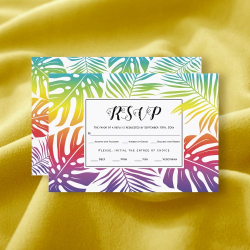 Gay lesbian wedding rainbow tropical leaves RSVP card