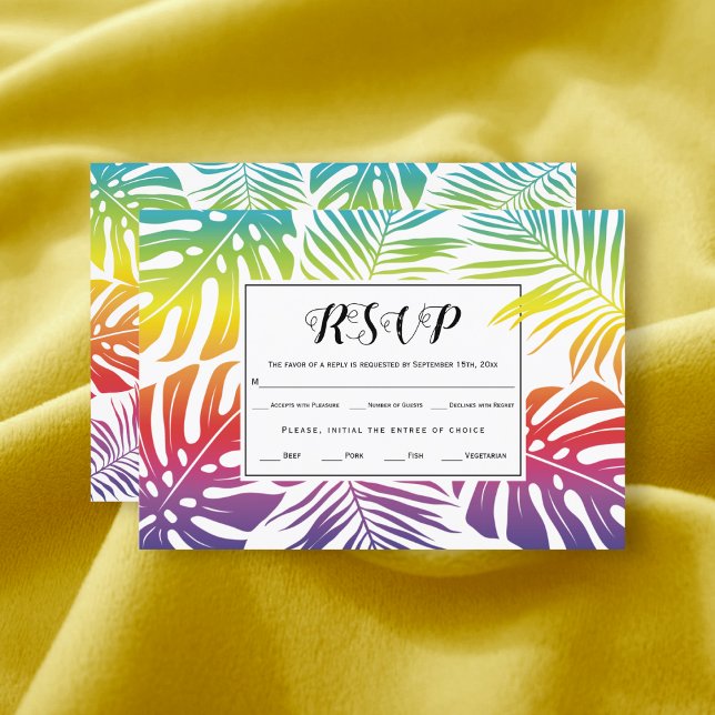 Gay, lesbian wedding rainbow tropical leaves RSVP card (Creator Uploaded)