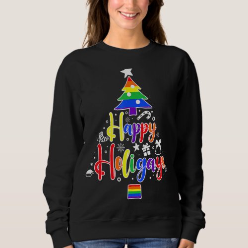 Gay LGBT Christmas Tree Happy Holigays Rainbow Pri Sweatshirt