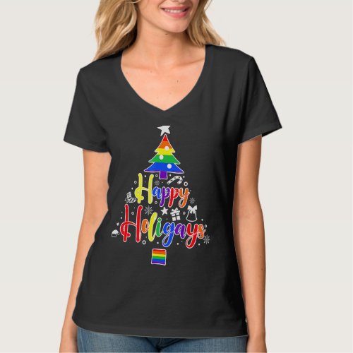 Gay LGBT Christmas Tree Happy Holigays Rainbow Pri T_Shirt