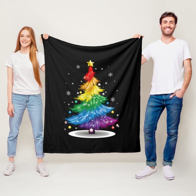 Gay LGBT Pride Rainbow Christmas Tree Merry Xmas Fleece Blanket (In Situ)