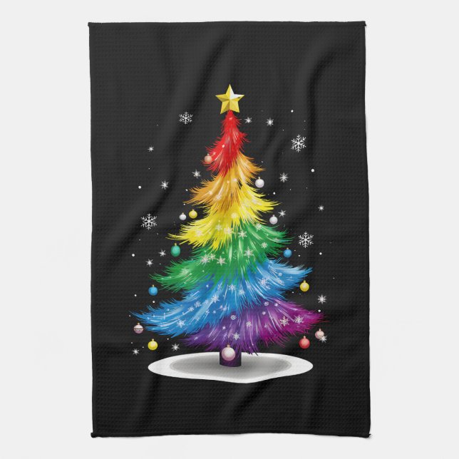 Gay LGBT Pride Rainbow Christmas Tree Merry Xmas Kitchen Towel (Vertical)