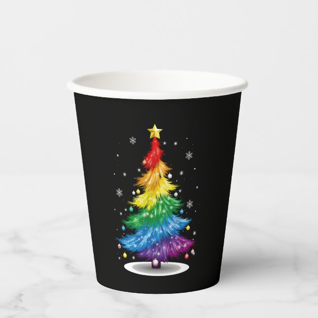 Gay LGBT Pride Rainbow Christmas Tree Merry Xmas Paper Cups (Front)