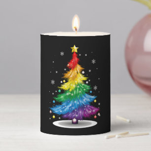 Gay LGBT Pride Rainbow Christmas Tree Merry Xmas Pillar Candle