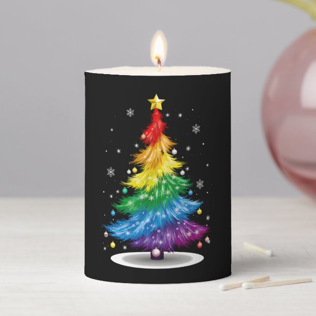 Gay LGBT Pride Rainbow Christmas Tree Merry Xmas Pillar Candle (In Situ)