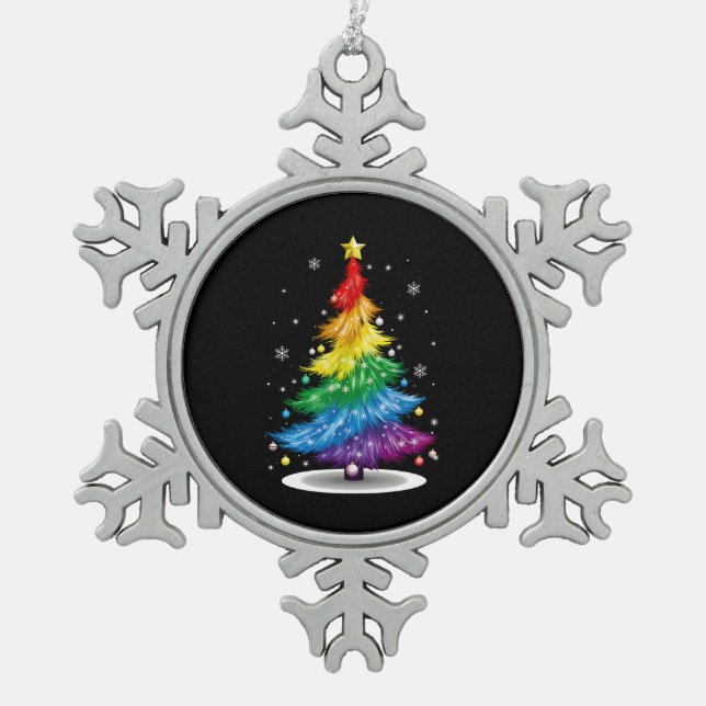 Gay LGBT Pride Rainbow Christmas Tree Merry Xmas Snowflake Pewter Christmas Ornament (Front)