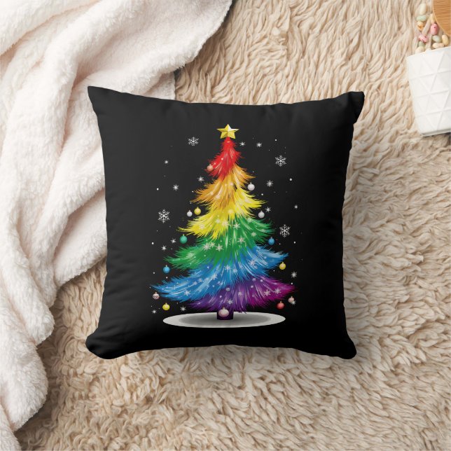 Gay LGBT Pride Rainbow Christmas Tree Merry Xmas Throw Pillow (Blanket)