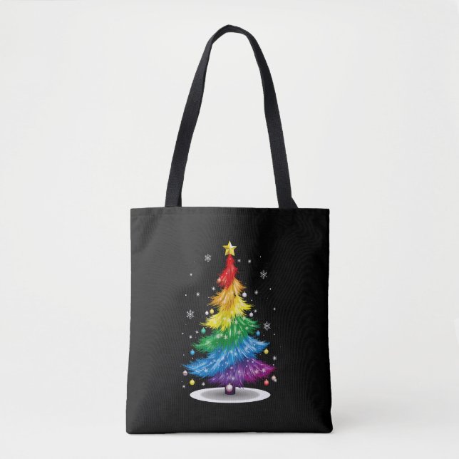 Gay LGBT Pride Rainbow Christmas Tree Merry Xmas Tote Bag (Front)