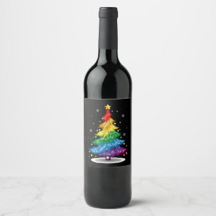 Gay LGBT Pride Rainbow Christmas Tree Merry Xmas Wine Label