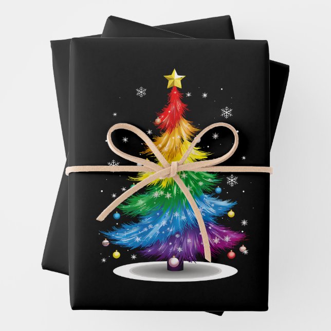 Gay LGBT Pride Rainbow Christmas Tree Merry Xmas Wrapping Paper Sheets (In situ)