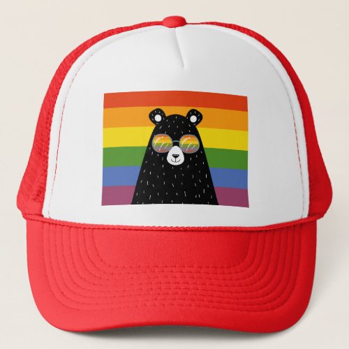 Gay LGBT Rainbow Pride Bear In Glasses Trucker Hat