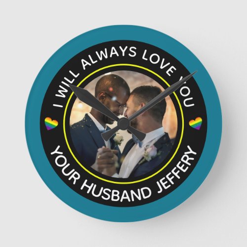  Gay LGBTQ Photo Wedding Couple Personalize    Round Clock