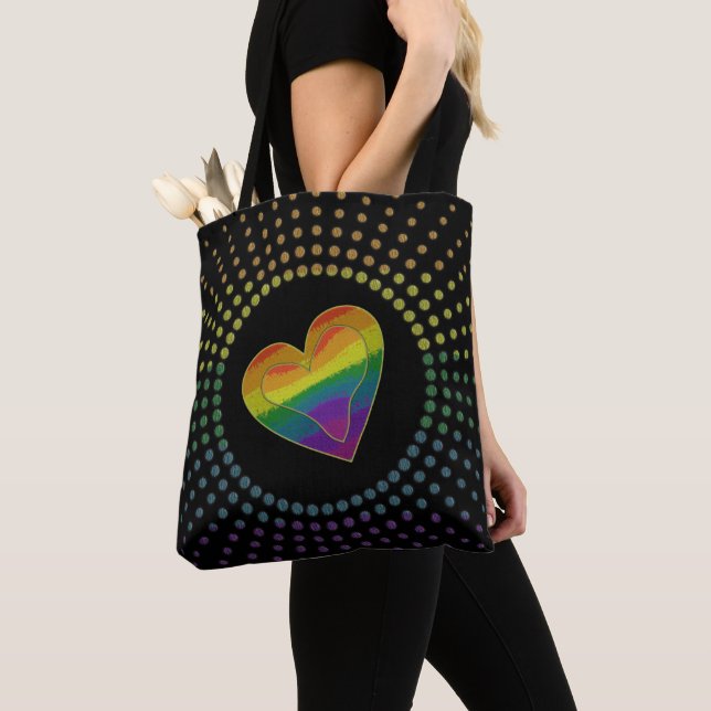 Gay LGBTQ Pride Month Love Rainbow Heart Dots Tote Bag (Close Up)
