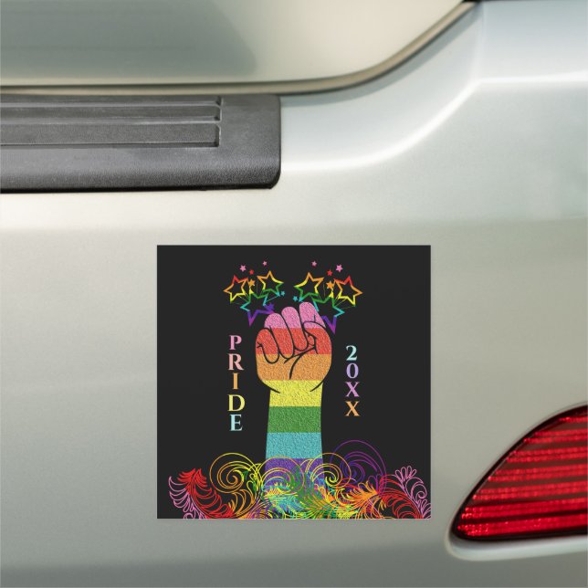 Gay LGBTQ Pride Month Love Wins Fist Rainbow Car Magnet (In Situ)