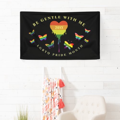 Gay LGBTQ Pride Month Rainbow Heart Butterflies Banner