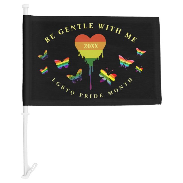 Gay LGBTQ Pride Month Rainbow Heart Butterflies Car Flag (Front)