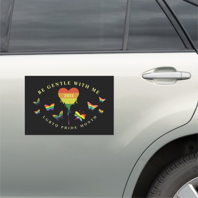 Gay LGBTQ Pride Month Rainbow Heart Butterflies Car Magnet (In Situ)
