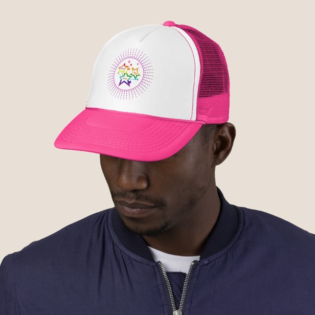 Gay LGBTQ Pride Month Stars Colorful Rainbow Trucker Hat (In Situ)