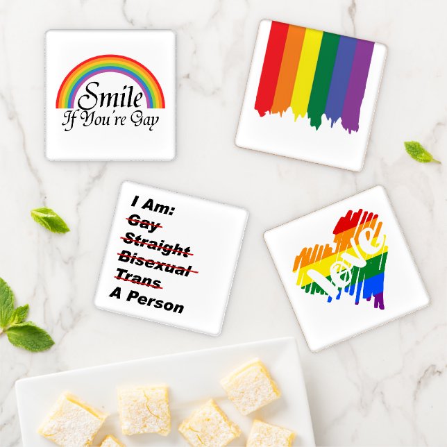 Gay LGBTQ Pride rainbow Collection 1 Coaster Set (In Situ)