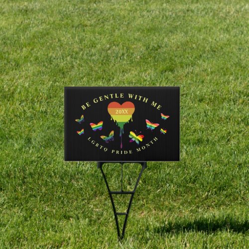 Gay LGBTQ Pride Rainbow Heart Butterflies Yard Sign