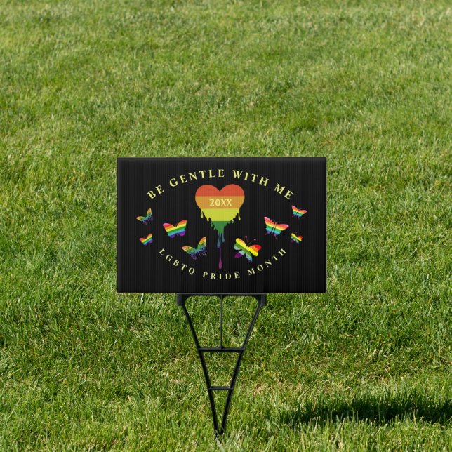 Gay LGBTQ Pride Rainbow Heart Butterflies Yard Sign (Insitu)