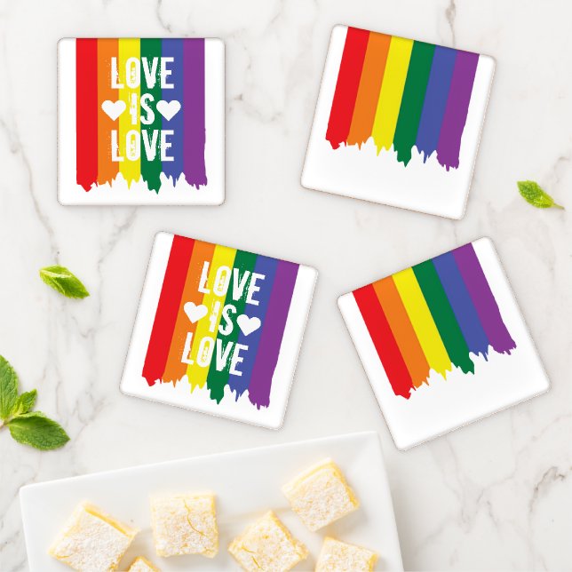 Gay LGBTQ Pride rainbow Love is Love Coaster Set (In Situ)