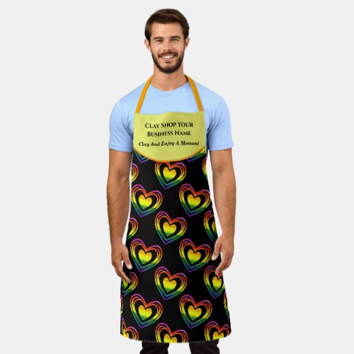 Gay LGBTQ Rainbow Hearts Pattern Business Name Apron