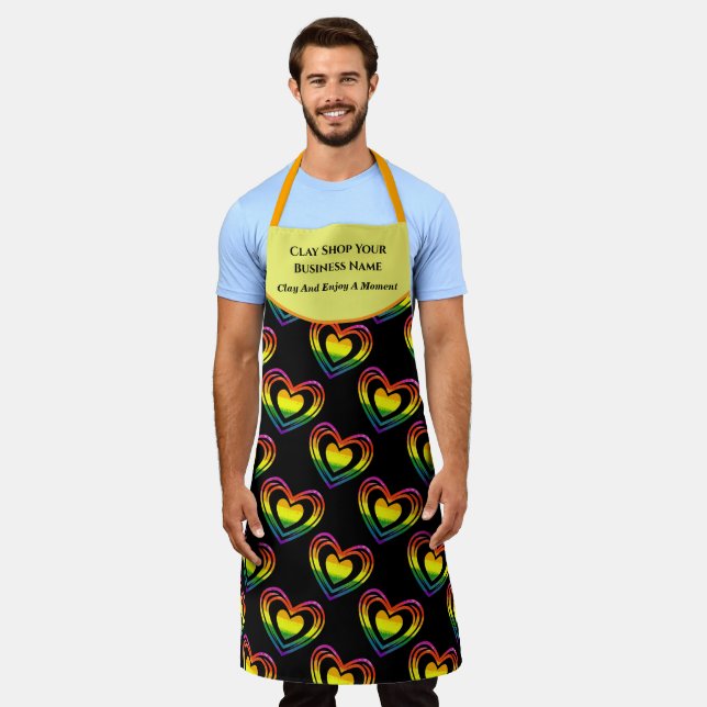 Gay LGBTQ Rainbow Hearts Pattern Business Name Apron (Worn)