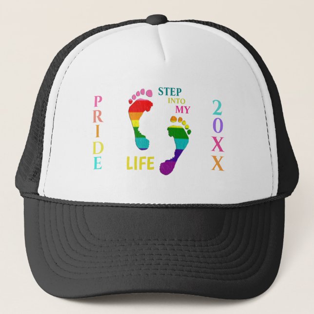 Gay LGBTQ Rainbow Pride Month Step My Life Feet Trucker Hat (Front)