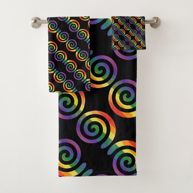 Gay LGBTQ Rainbow Pride Stripe Circular Pattern Bath Towel Set (Insitu)
