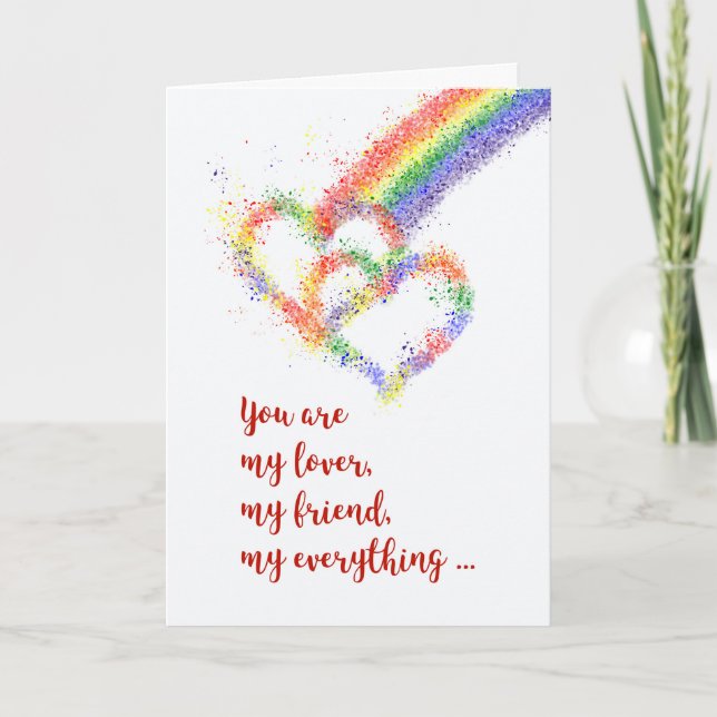 Gay Life Partner Anniversary Rainbow Hearts Card (Front)