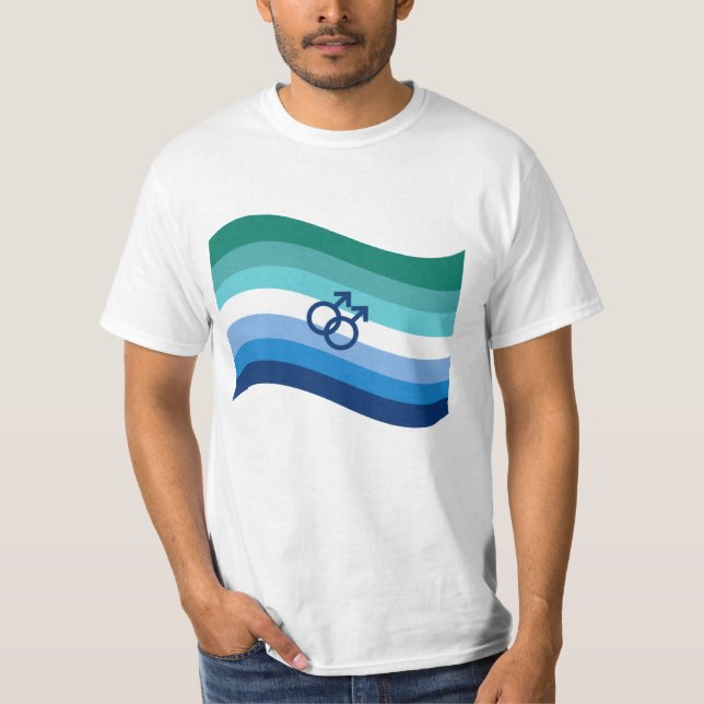 Gay Male Love Pride Azure Wavy Flag T-Shirt (Front)