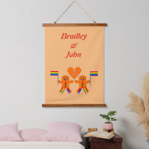 Gay Men Christmas Gingerbread Couple Custom Names Hanging Tapestry