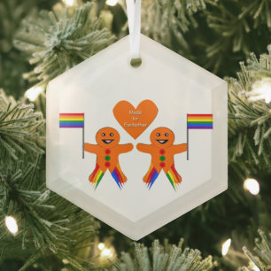 Gay Men Christmas Gingerbread Couple Glass Ornament