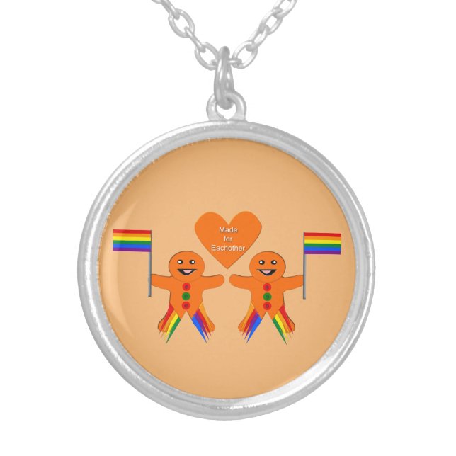 Gay Men Christmas Gingerbread Couple Silver Plated Necklace (Front)
