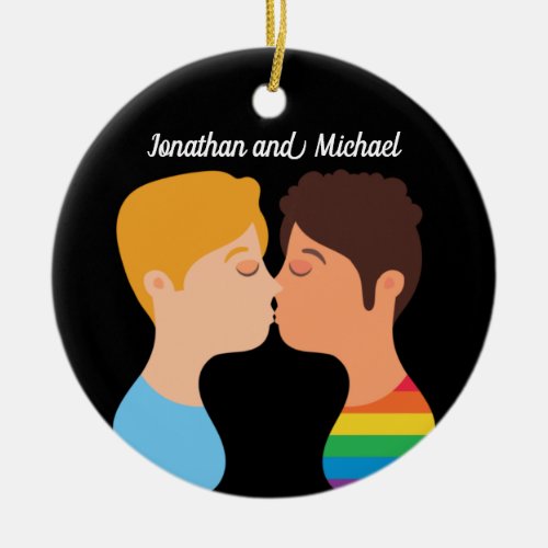 Gay Men Couple Kiss Custom LGBTQ Pride Monogram Ceramic Ornament