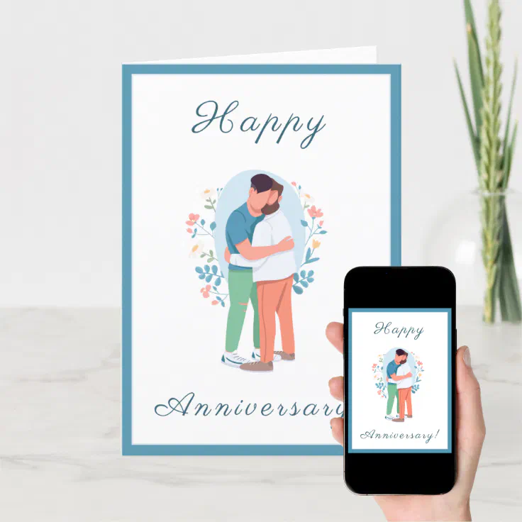 Gay Men Couple Wedding Anniversary Hugging Romance Holiday Card | Zazzle