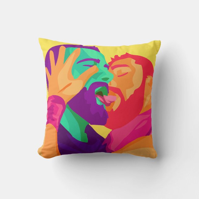 Gay Men Kissing, Rainbow Art, Colorful Pillow (Front)