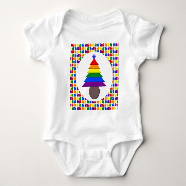 Gay Men Rainbow Christmas Tree and Presents Baby Bodysuit (Front)