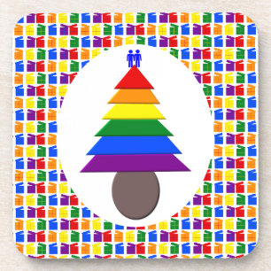Gay Men Rainbow Christmas Tree and Presents Beverage Coaster