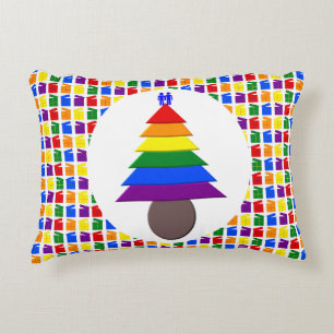 Gay Men Rainbow Christmas Tree and Presents Custom Accent Pillow