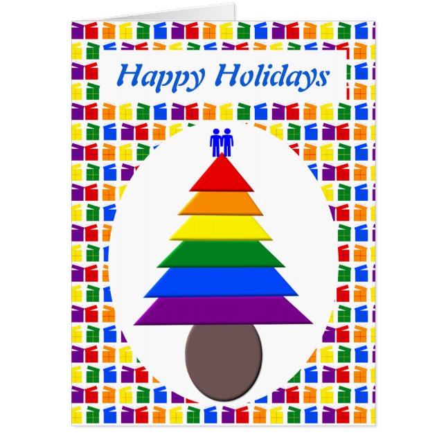Gay Men Rainbow Christmas Tree and Presents Custom Card (Front)