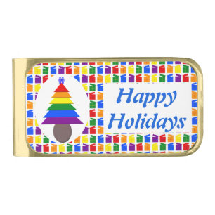 Gay Men Rainbow Christmas Tree and Presents Custom Gold Finish Money Clip