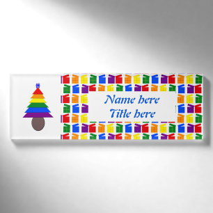 Gay Men Rainbow Christmas Tree and Presents Custom Name Tag