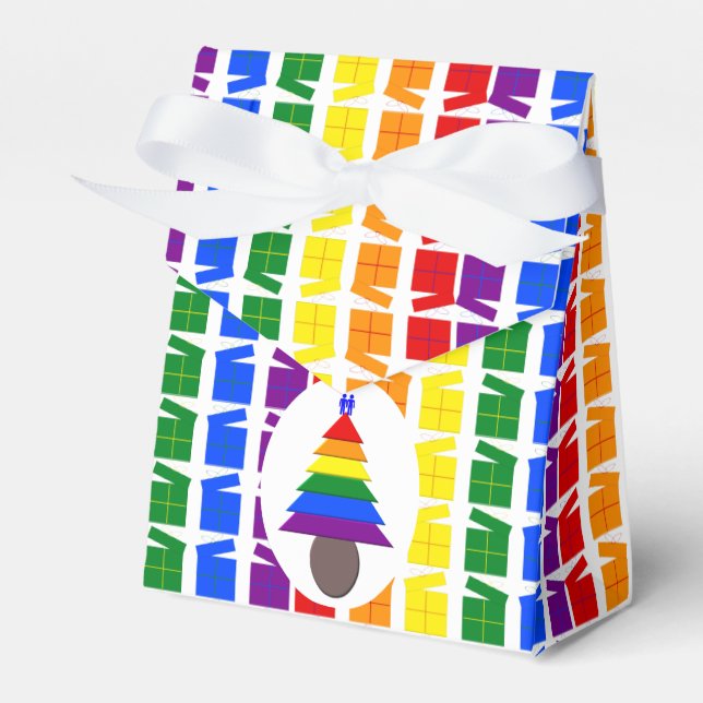 Gay Men Rainbow Christmas Tree and Presents Favor Boxes (Front Side)