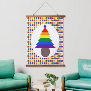 Gay Men Rainbow Christmas Tree and Presents Hanging Tapestry