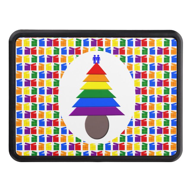 Gay Men Rainbow Christmas Tree and Presents Hitch Cover (Front)