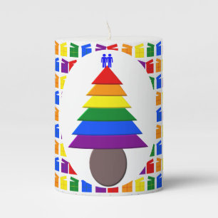 Gay Men Rainbow Christmas Tree and Presents Pillar Candle